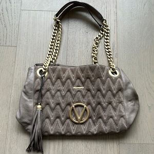 Valentino Gray Suede/Leather Large Shoulder Bag Gold Hardware